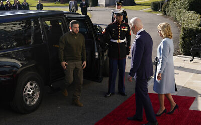 US President Joe Biden and first lady Jill Biden welcome Ukrainian President Volodymyr Zelensky at the White House, in Washington, December 21, 2022. (Patrick Semansky/AP)