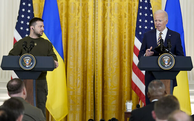 US President Joe Biden speaks during a news conference with his Ukrainian counterpart Volodymyr Zelensky, at the White House in Washington, December 21, 2022. (AP Photo/Andrew Harnik)