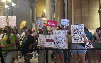 Abortion-rights protesters fill Indiana Statehouse corridors as lawmakers voted to concur on a near-total abortion ban, in Indianapolis August 5, 2022. (Arleigh Rodgers/AP)