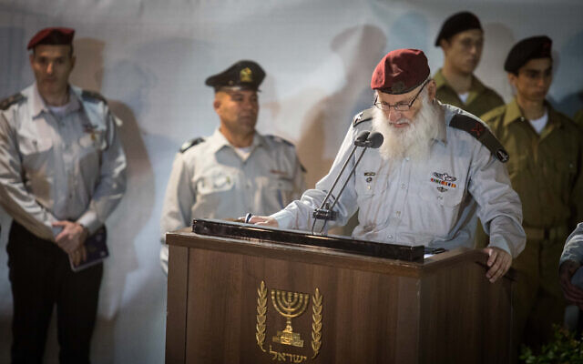 Illustrative: Eyal Karim, chief military rabbi, speaks during the funeral of Zachary Baumel, a soldier who went missing at the Battle of Sultan Yacub in 1982, at the Mount Herzl Military cemetery in Jerusalem, on April 4, 2019. (Hadas Parush/Flash90)