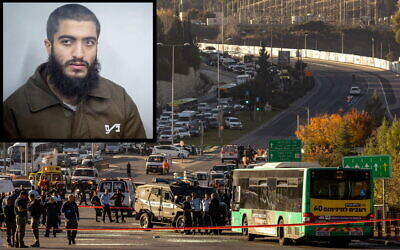 Composite photo: Police and security personnel at the scene of a terror attack in Jerusalem, on November 23, 2022 (Olivier Fitoussil/Flash90); Insert photo: Eslam Froukh, the alleged terrorist who committed the deadly attack, during a court hearing at the Jerusalem's Magistrate's Court, December 27, 2022. (Yonatan Sindel/Flash90)