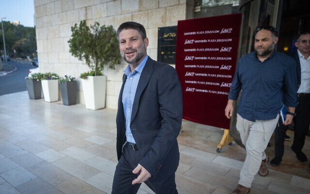Religious Zionist party head MK Bezalel Smotrich seen after coalition talks at a hotel in Jerusalem on November 30, 2022. (Courtesy Yonatan Sindel/Flash90)