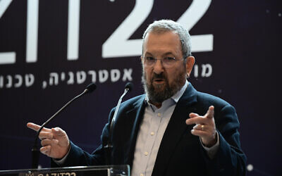 File: Former prime minister Ehud Barak speaks at a conference of the Gazit Institute in Tel Aviv, November 5, 2022. (Tomer Neuberg/Flash90)