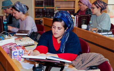 Women study at the Ohr Torah Stone Susi Bradfield Women’s Institute of Halakhic Leadership in Jerusalem on November 22, 2022. (Gershon Elinson/Flash90)