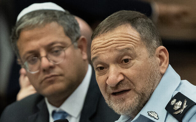 MK Itamar Ben Gvir, left, and Police Commissioner Kobi Shabtai at a special Knesset debate, on December 14, 2022. (Yonatan Sindel/Flash90)
