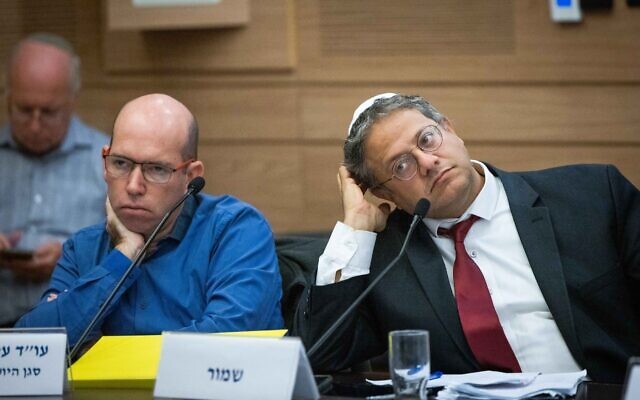 Otzma Yehudit party chief Itamar Ben Gvir attends a Knesset special committee to discuss his proposed Police Ordinance changes, December 18, 2022. (Yonatan Sindel/Flash90)