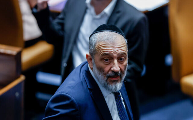 Shas party leader MK Aryeh Deri in the Knesset in Jerusalem, on December 19, 2022. (Olivier Fitoussi/Flash90)