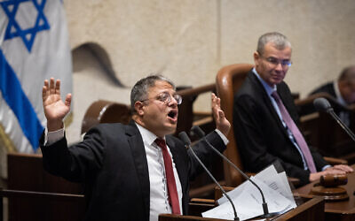 Otzma Yehudit party head Itamar Ben Gvir speaks during a Knesset session to debate his police regulations bill, December 20, 2022. (Yonatan Sindel/Flash90)