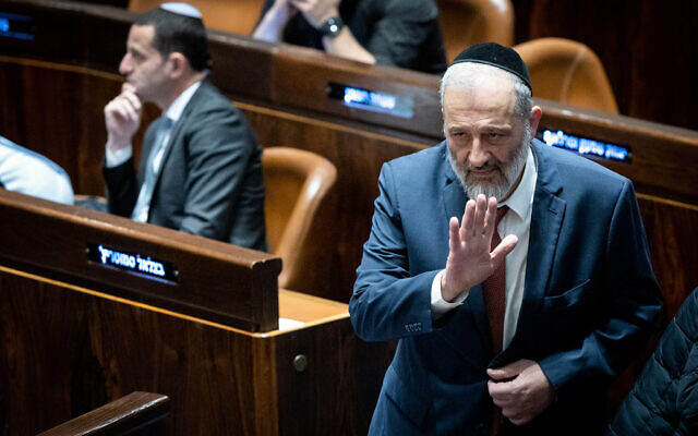 Shas party leader MK Aryeh Deri seen during a vote in the Knesset in Jerusalem, on December 20, 2022. (Yonatan Sindel/Flash90)