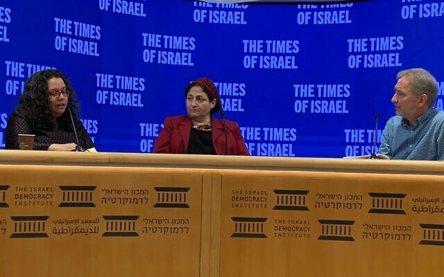 Adv. Shlomit Ravitsky Tur-Paz (C) and Rabbi Adv. Noa Sattath, Executive Director, Association for Civil Rights in Israel, speak with Times of Israel Editor David Horovitz at an event exploring the ramifications of passing a law for the government to override the Supreme Court, on December 15, 2022, at the Israel Democracy Institute in Jerusalem (Amanda Borschel-Dan/Times of Israel)