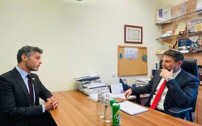 UAE Ambassador to Israel Mohamed Al Khaja (L) meets with Religious Zionism chairman Bezalel Smotrich at the latter's Knesset office on December 7, 2022. (Courtesy)