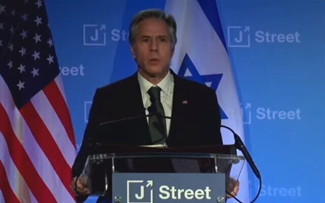 US Secretary of State Antony Blinken addresses the J Street conference in Washington on December 4, 2022. (Screen capture/YouTube)