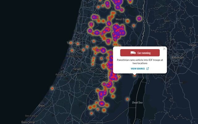 An interactive map created by the Foundation for Defense of Democracies, or FDD, shows incidents of violence in the West Bank during 2022. (Courtesy)