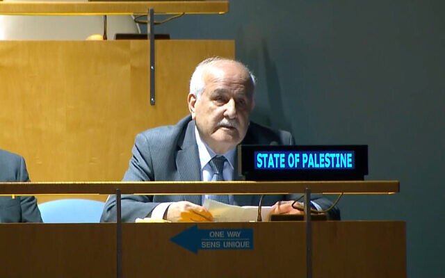 The Palestinian envoy to the UN, Riyad Mansour, addresses the General Assembly at the UN Headquarters in New York, December 30, 2022. (Screenshot/UN)