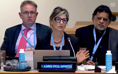 UN Special Rapporteur Francesca Albanese addresses the UN, October 2022. (Screenshot/ YouTube, used in accordance with Clause 27a of the Copyright Law)