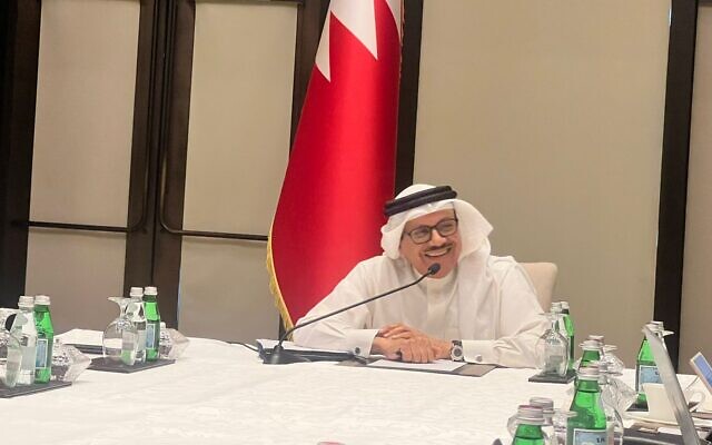Bahrain’s Foreign Minister, Abdul Lateef Rashid Al Zayani, speaks to journalists in Manama on December 4, 2022. (Lazar Berman/Times of Israel)