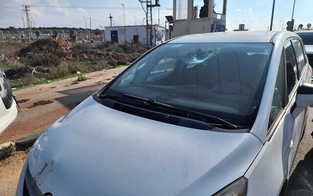 Damage is seen to an Israeli car that was attacked with stones in the West Bank, December 5, 2022. (Magen David Adom).