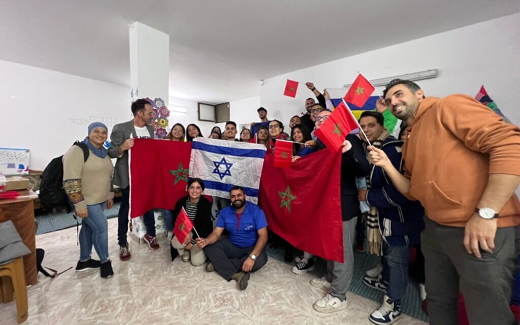 Israeli and Moroccan youth celebrate Morocco's victory over Portugal in the World Cup in a youth center in the northern town of Isfiya on December 10, 2022. (Courtesy)