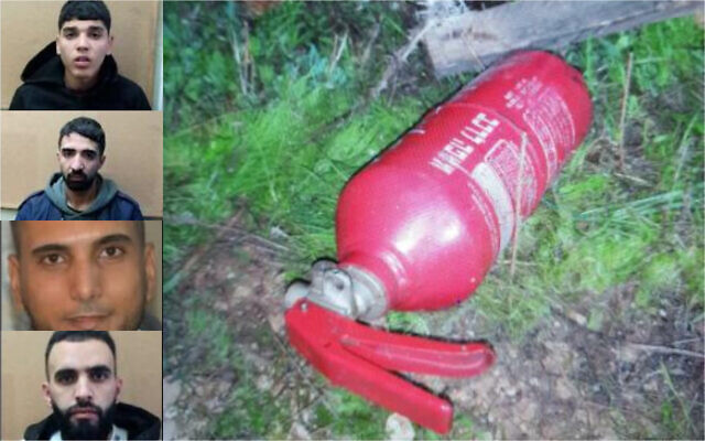 Members of a West Bank terror cell arrested on December 14, 2022, over an alleged planned bombing attack in Israel, top to bottom: Kayes a-Shiab, Ahmed Taher Jaradat, Haled Marei, Younis. Right: a bomb hidden inside a fire extinguisher the cell allegedly planned to use in Israel. (Shin Bet)