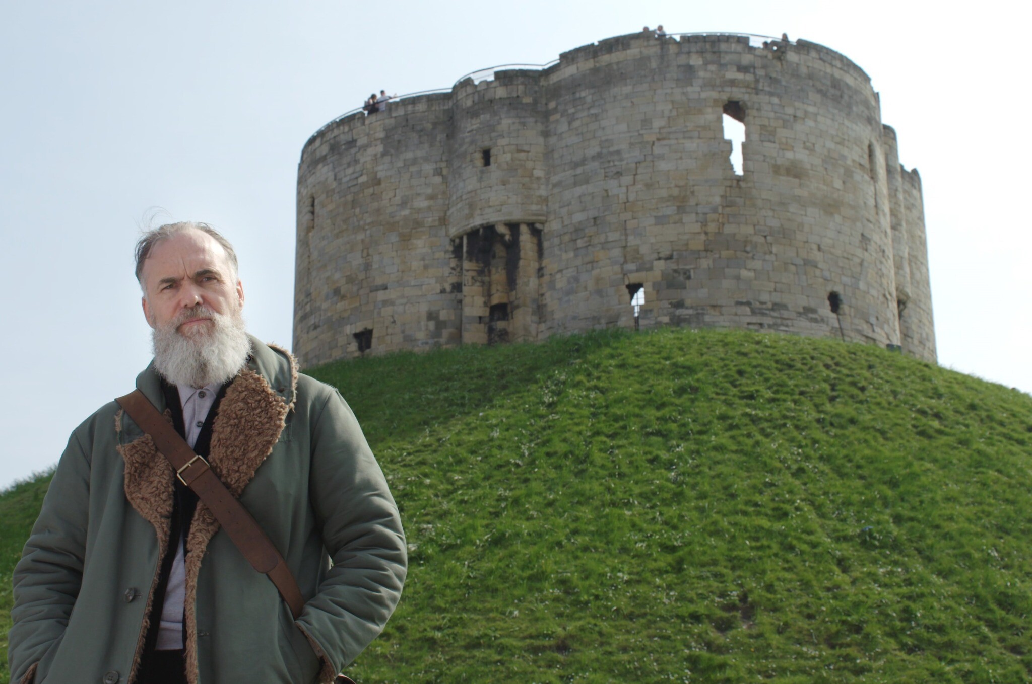Filmmaker David Wilkinson at castle in York, where the entire Jewish community was murdered in 1190 (courtesy)