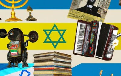 An image created by the AI site Dall-E for this article from the following prompt: 'Collage featuring Jews, robots, books and Ukraine.' (JTA Illustration)