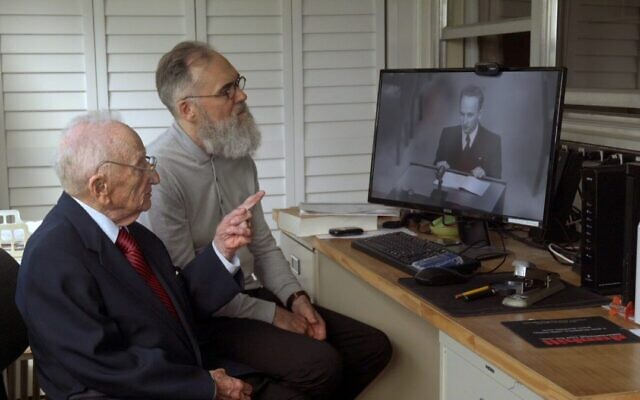 101-year old Benjamin Ferencz and filmmaker David Wilkinson in 'Getting Away With Murder(s)' (courtesy)