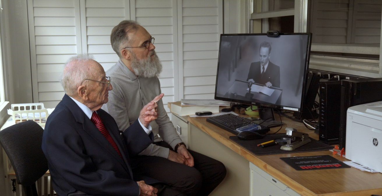 101-year old Benjamin Ferencz and filmmaker David Wilkinson in 'Getting Away With Murder(s)' (courtesy)
