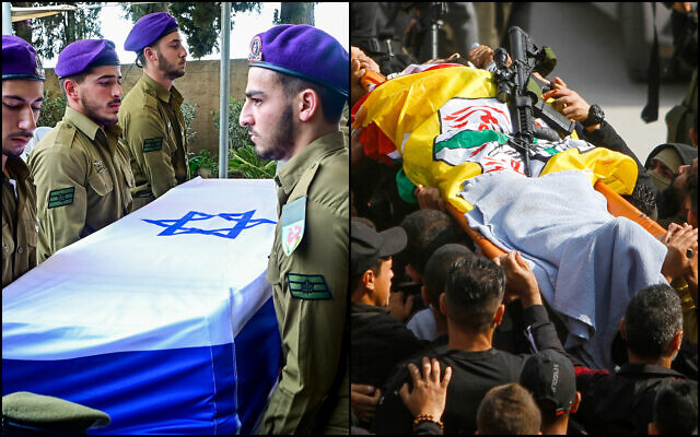 Left: Soldiers carry the coffin of Staff Sgt. Ido Baruch, killed in a shooting attack in the West Bank, at a military cemetery in Gedera, October 12, 2022. Right: Palestinian gunmen and mourners carry the body of Raafat Ayassah, killed during clashes with Israeli security forces, during his funeral in the West Bank village of Sanur, near Jenin, November 10, 2022. Avshalom Sassoni; Nasser Ishtayeh/Flash90)