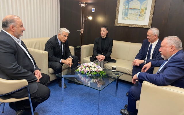 Incoming opposition party leaders (from left) Mansour Abbas, Yair Lapid, Merav Michaeli, Benny Gantz and Avigdor Liberman meet in the Knesset on December 26, 2022. (Courtesy)