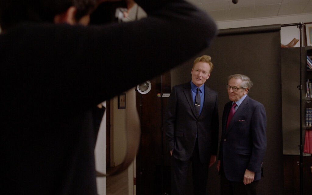 Conan O'Brien, left, with Robert Caro prior to an interview, in a still from 'Turn Every Page,' directed by Lizzie Gottlieb.
(Carl Bartels/ Courtesy of Wild Surmise Productions, LLC / Sony Pictures Classics)