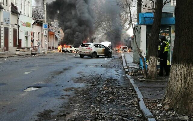 Damage is seen in the Ukrainian city of Kherson following a Russian shelling, December 24, 2022. (State Emergency Service of Ukraine)