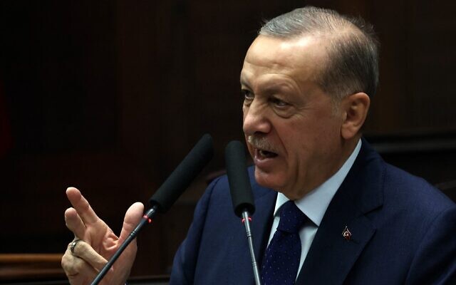 Turkey's President and leader of the Justice and Development (AK) Party, Recep Tayyip Erdogan addresses the Grand National Assembly of Turkey, in Ankara on January 4, 2023. (Adem ALTAN / AFP)