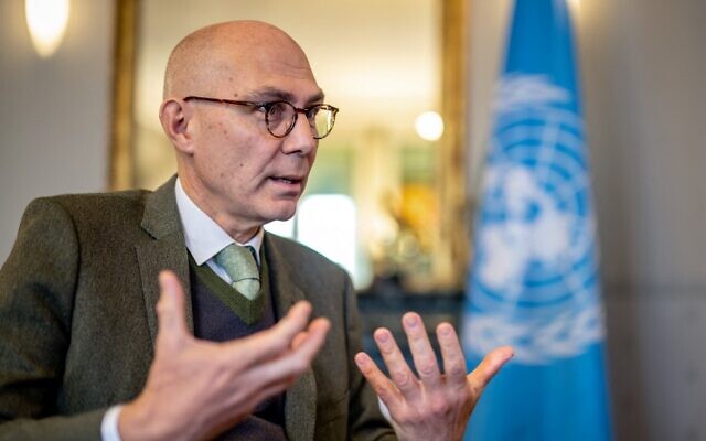 United Nations (UN) High Commissioner for Human Rights Volker Turk answers AFP journalists' questions during an interview at his office, in Geneva, on January 4, 2023. (Fabrice Coffrini/AFP)