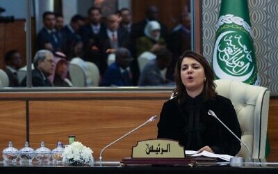 Libyan Foreign Minister Najla Mangoush speaks at the opening session of the meeting of Arab foreign ministers, in the capital Tripoli, on January 22, 2023. (Mahmud Turkia/AFP)
