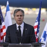 US Secretary of State Antony Blinken delivers a statement upon arrival at Israel's Ben Gurion Airport, on January 30, 2023. (Photo by RONALDO SCHEMIDT / POOL / AFP)