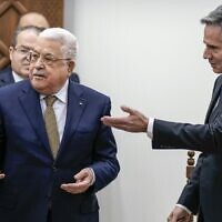 Palestinian Authority President Mahoud Abbas (L) welcomes US Secretary of State Antony Blinken to the West Bank city of Ramallah on January 31, 2023. (Majdi Mohammed/Pool/AFP)