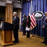 US Attorney General Merrick Garland is joined by Principal Deputy Assistant Attorney General Doha Mekki of the Antitrust Division (left), US Associate Attorney General Vanita Gupta (second from left) and Assistant Attorney General Jonathan Kanter of the Antitrust Division (right), as he speaks during a news conference at the Justice Department to announce a new antitrust lawsuit against Google on January 24, 2023 in Washington, DC. (Anna Moneymaker / Getty Images via AFP)