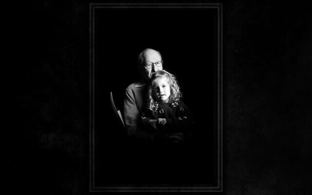 Holocaust survivor and educator Irving Roth and great-granddaughter Addie pose together for 'Invited to Life.' (Courtesy of B.A. Van Sise / Design by Grace Yagel via JTA)
