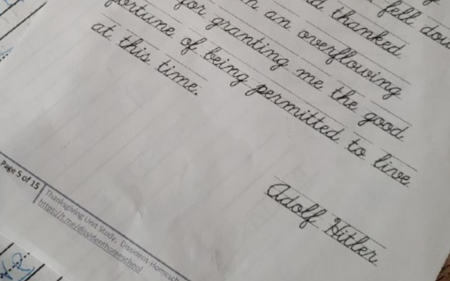 A lesson plan shared by the creator of the neo-Nazi group Dissident Homeschool Network, in which children learn cursive by copying a Hitler quote, Nov. 22, 2022. (Screenshot via Telegram/JTA)