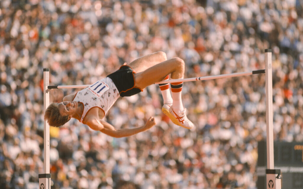 Dwight Stones competes in the Men's High Jump final during the 1984 United States Olympic Track and Field Trials in Los Angeles, June 1984. (David Madison/Getty Images via JTA)