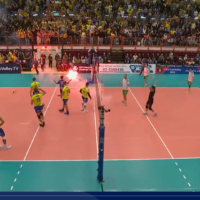 A flare is thrown at the volleyball court by Maccabi Tel Aviv fans during the quarter-final Challenger Cup match against Nicosia's Omonia V.C. in Tel Aviv, January 12, 2022. (Channel 5 screenshot: used in accordance with Clause 27a of the Copyright Law)