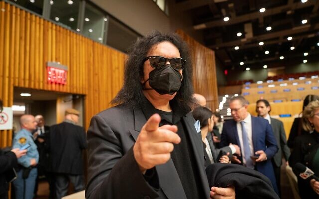 Kiss frontman Gene Simmons at the United Nations in New York, January 26, 2023. (Luke Tress/Times of Israel)
