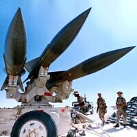 Image shows US Hawk anti-aircraft missiles in a Saudi Arabian desert, 1991. (AP Photo)