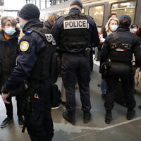 Illustrative: French police officers at Gare du Nord station in Paris, February 1, 2021. (Francois Mori/AP)