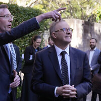 New South Wales Premier Dominic Perrottet, left, with Australian Prime Minister Anthony Albanese, center,  in Sydney, Australia, September 14, 2022. (Rick Rycroft/AP)