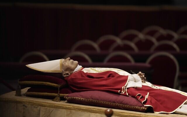 The body of late Pope Emeritus Benedict XVI laid out in state inside St. Peter's Basilica at The Vatican, January 2, 2023. (Andrew Medichini/AP)