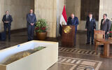 Foreign Minister Sameh Shoukry, center, standing in front of an ancient wooden sarcophagus, speaks during a handover ceremony at the foreign ministry in Cairo, Egypt, January 2, 2023. (AP Photo/Mohamed Salah)