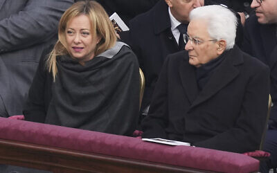 Italian President Sergio Mattarella, right, and Italian Prime Minister Giorgia Meloni attend the funeral mass for late Pope Emeritus Benedict XVI in St. Peter's Square at the Vatican, January 5, 2023. (Antonio Calanni/AP)