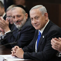 Newly sworn-in Prime Minister Benjamin Netanyahu attends a cabinet meeting in Jerusalem, December 29, 2022. (AP Photo/Ariel Schalit, Pool, File)