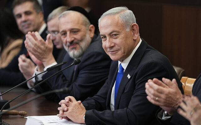 Newly sworn-in Prime Minister Benjamin Netanyahu attends a cabinet meeting in Jerusalem, December 29, 2022. (AP Photo/Ariel Schalit, Pool, File)
